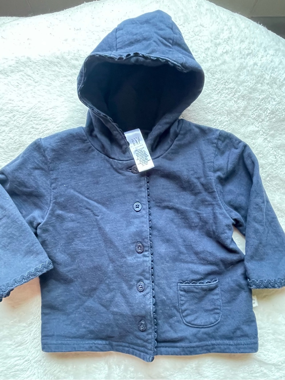 Baby Gap Blue Hooded Jacket 6-12 Months Scalloped Trim Button Front Cotton